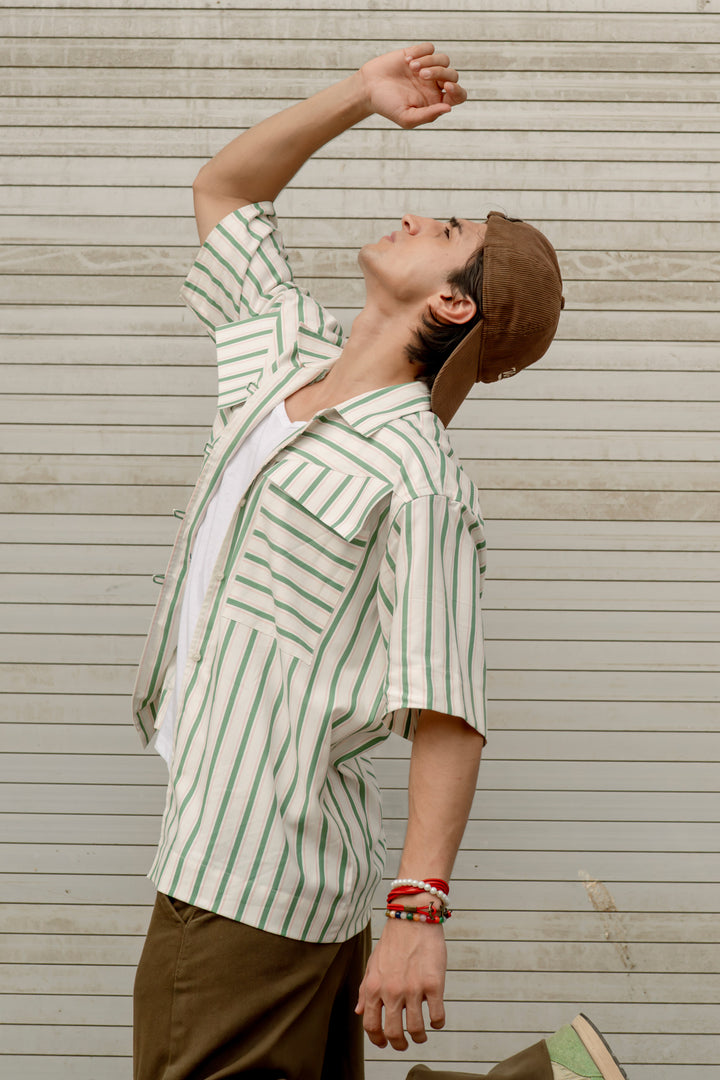 Relaxed Drop Shoulder Shirt – Green Stripe
