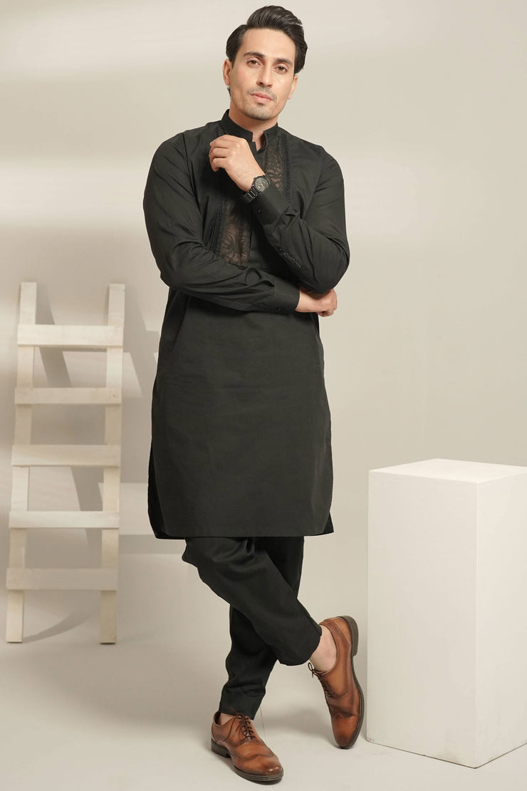 Black Kurta Pajama with Self See-Through Fabric Detailing