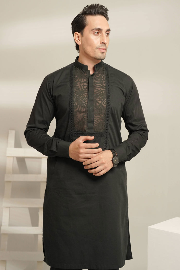 Black Kurta Pajama with Self See-Through Fabric Detailing