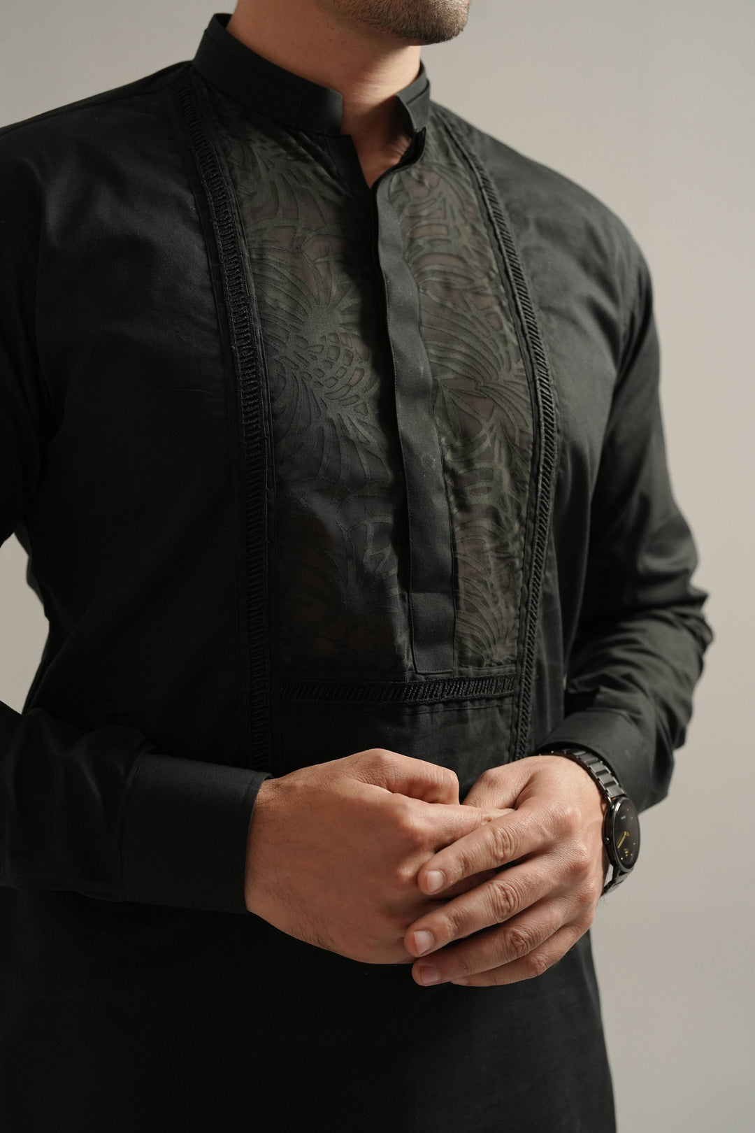 Black Kurta Pajama with Self See-Through Fabric Detailing