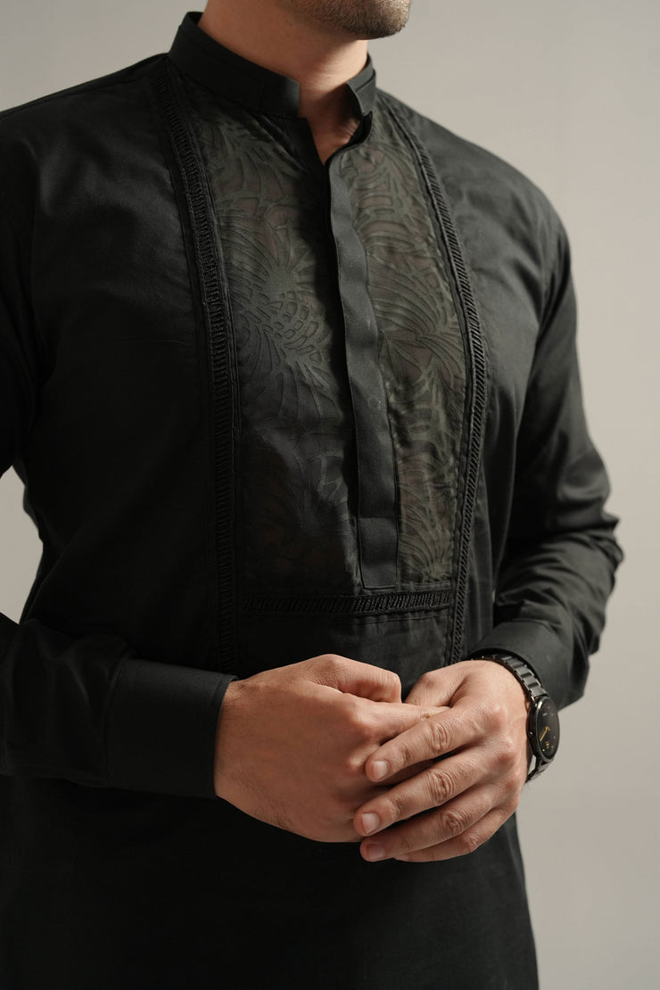 Black Kurta Pajama with Self See-Through Fabric Detailing