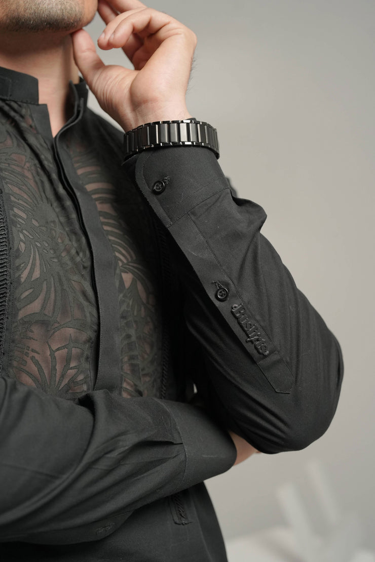 Black Kurta Pajama with Self See-Through Fabric Detailing