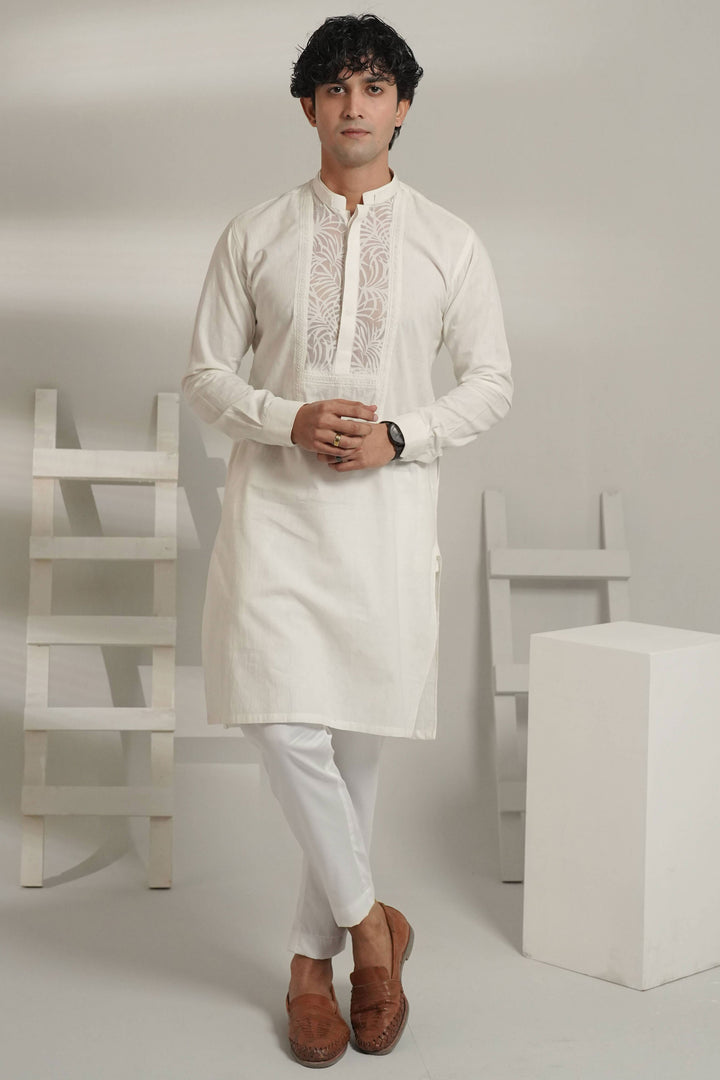 White Kurta Pajama with Self See-Through Fabric Detailing
