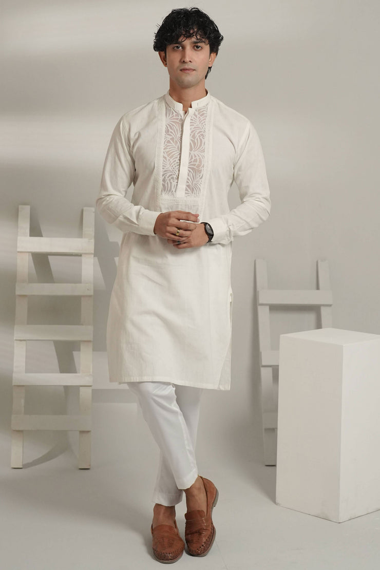White Kurta Pajama with Self See-Through Fabric Detailing