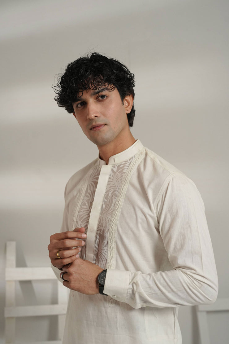 White Kurta Pajama with Self See-Through Fabric Detailing