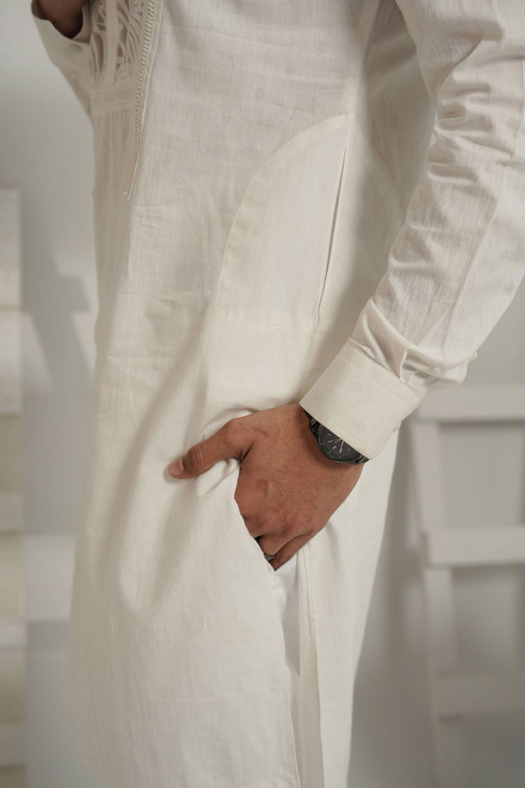 White Kurta Pajama with Self See-Through Fabric Detailing