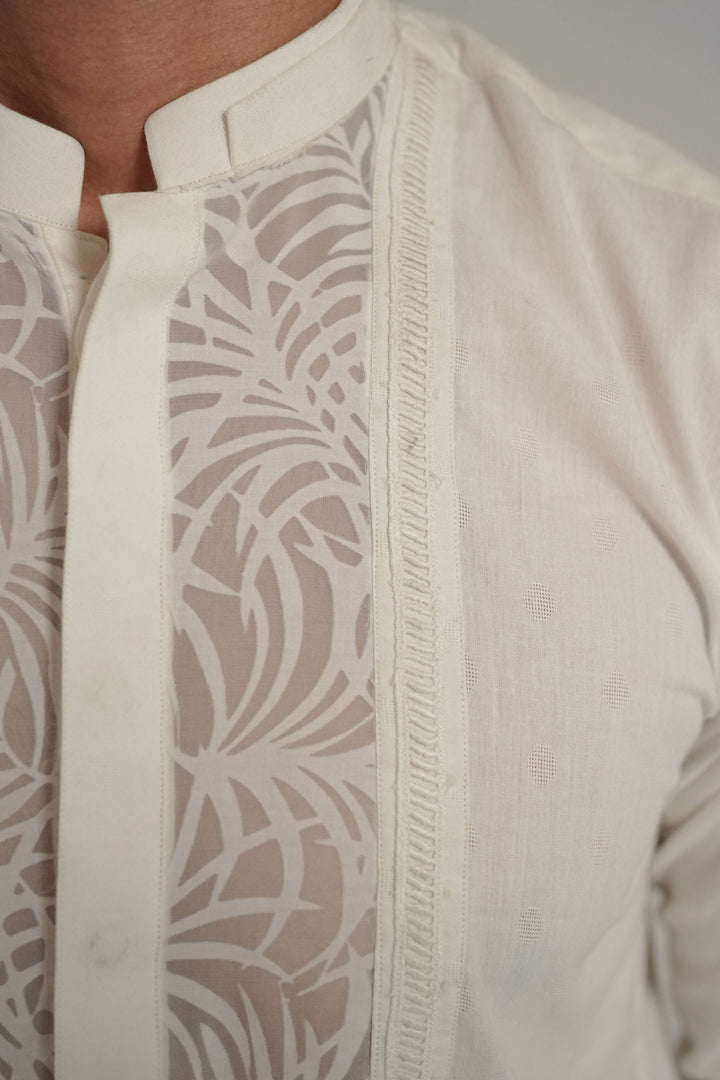 White Kurta Pajama with Self See-Through Fabric Detailing