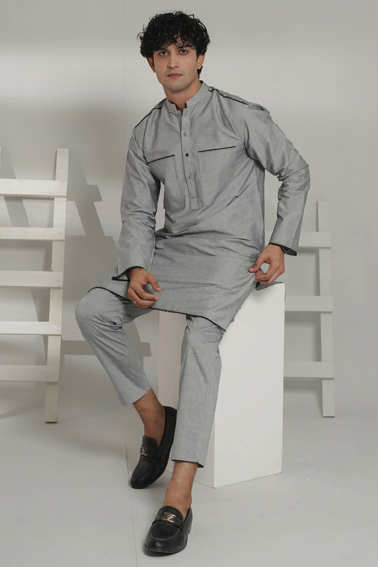 Grey Kurta Pajama with Black Raw Edge Hem, Sleeves, and Pockets