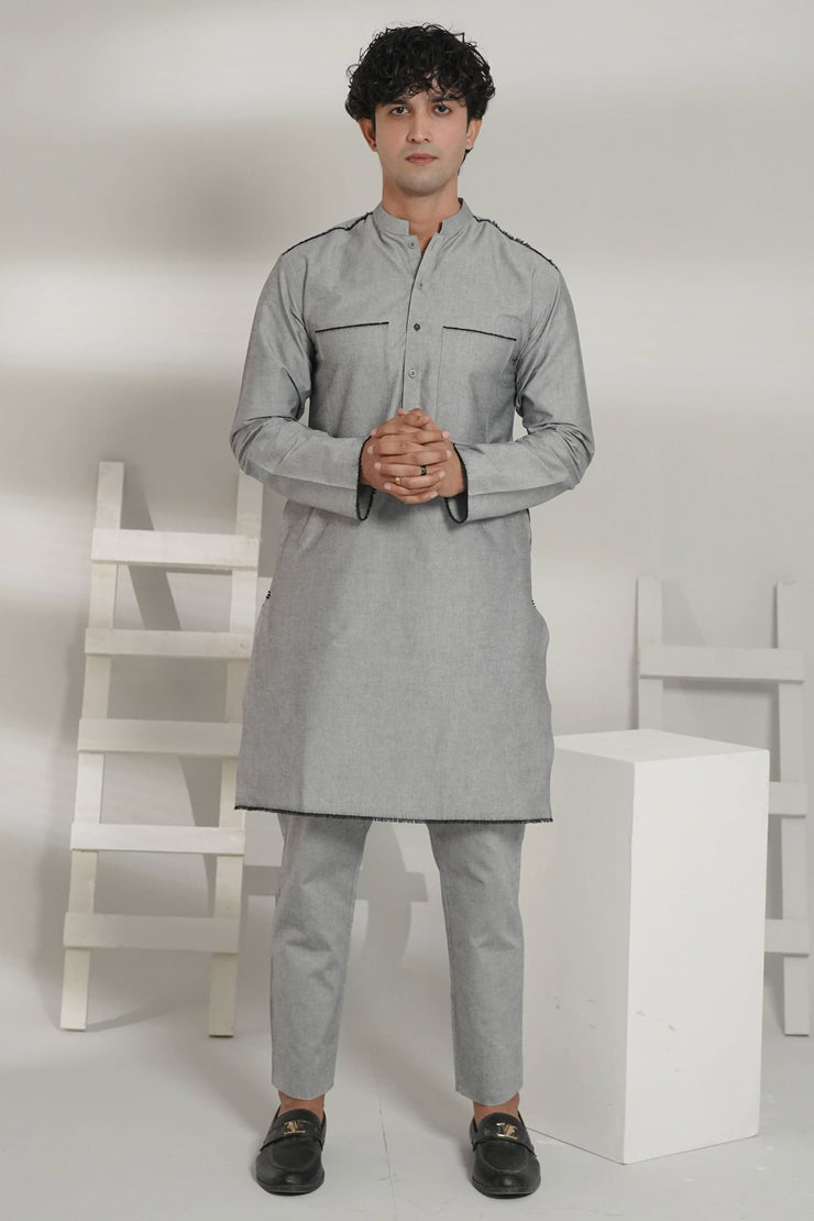Grey Kurta Pajama with Black Raw Edge Hem, Sleeves, and Pockets
