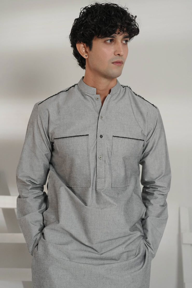 Grey Kurta Pajama with Black Raw Edge Hem, Sleeves, and Pockets