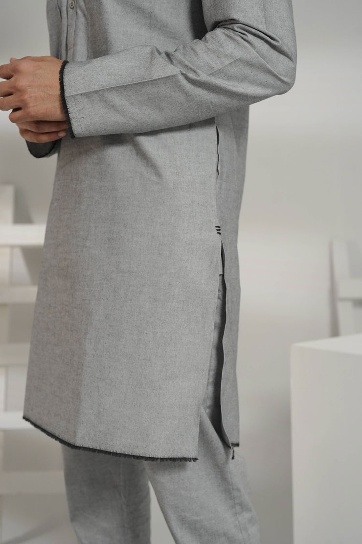 Grey Kurta Pajama with Black Raw Edge Hem, Sleeves, and Pockets