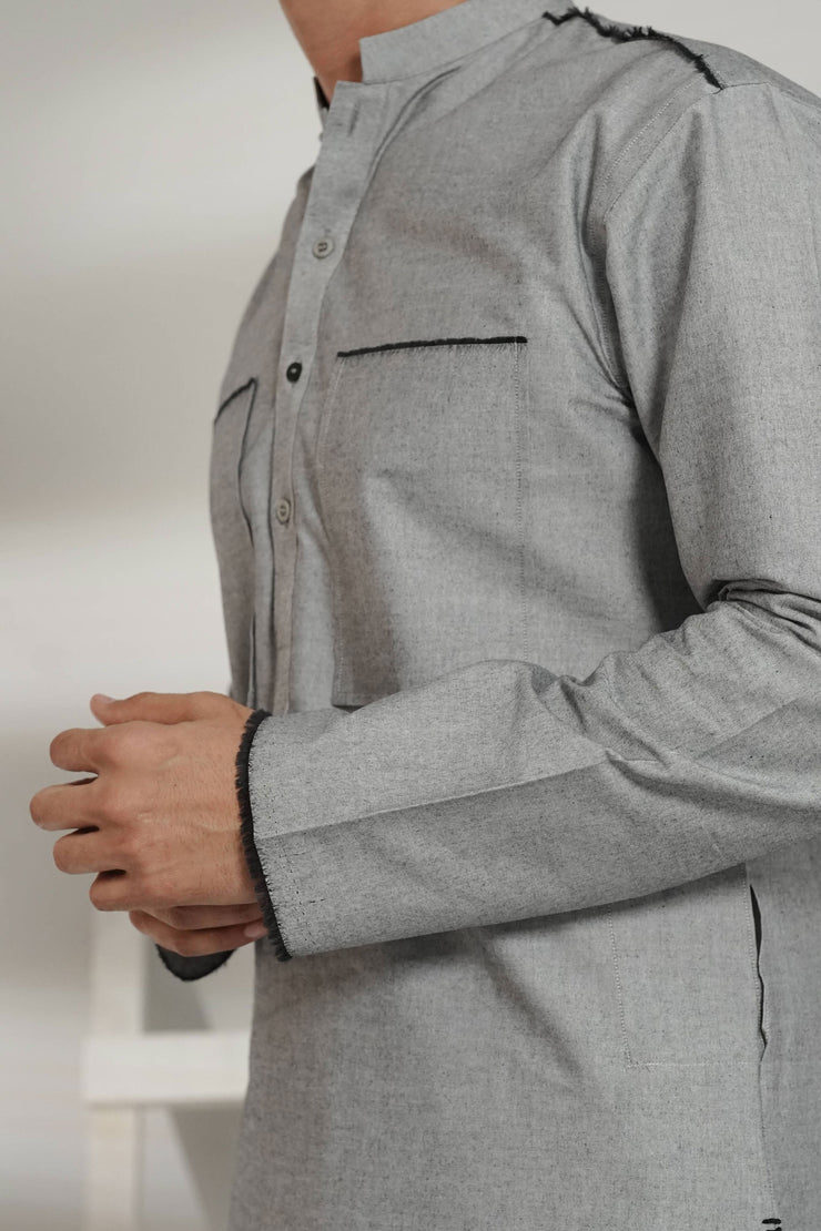 Grey Kurta Pajama with Black Raw Edge Hem, Sleeves, and Pockets