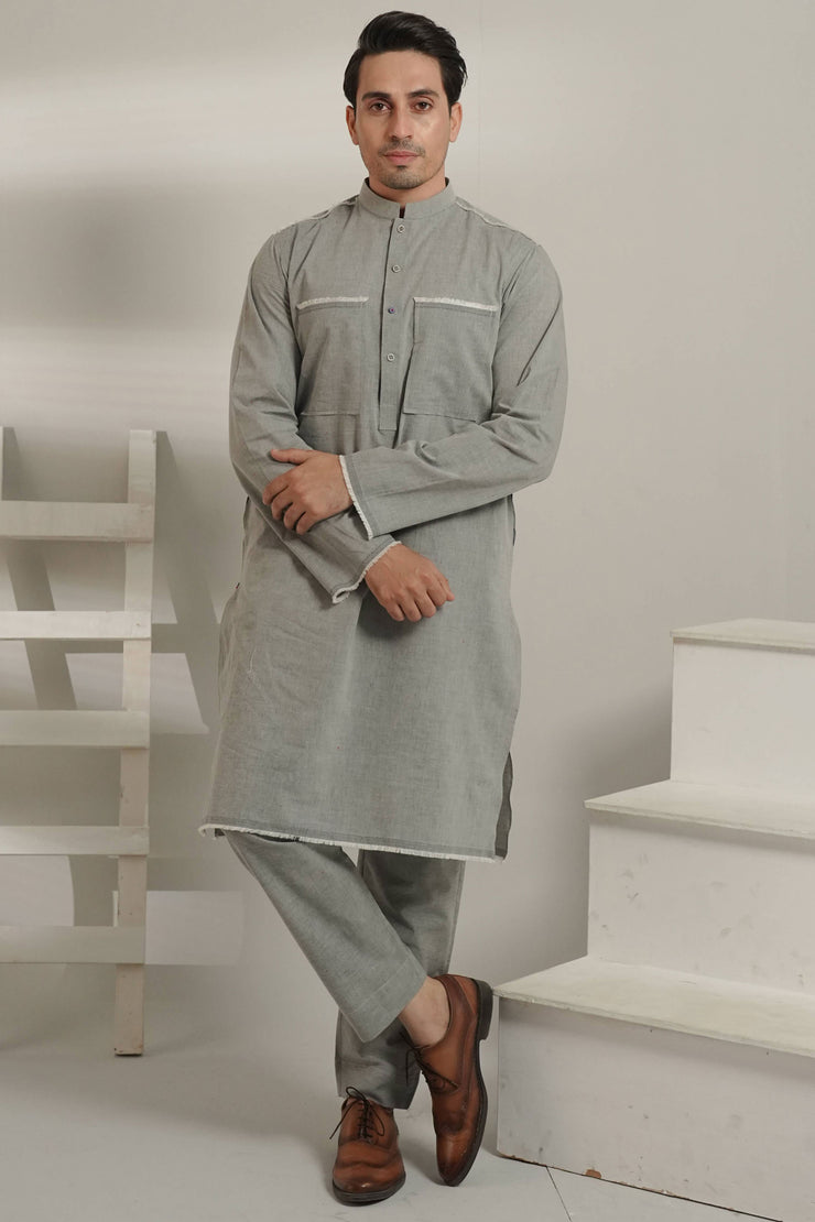 Grey Kurta Pajama with Raw Edge Hem, Sleeves, and Pockets