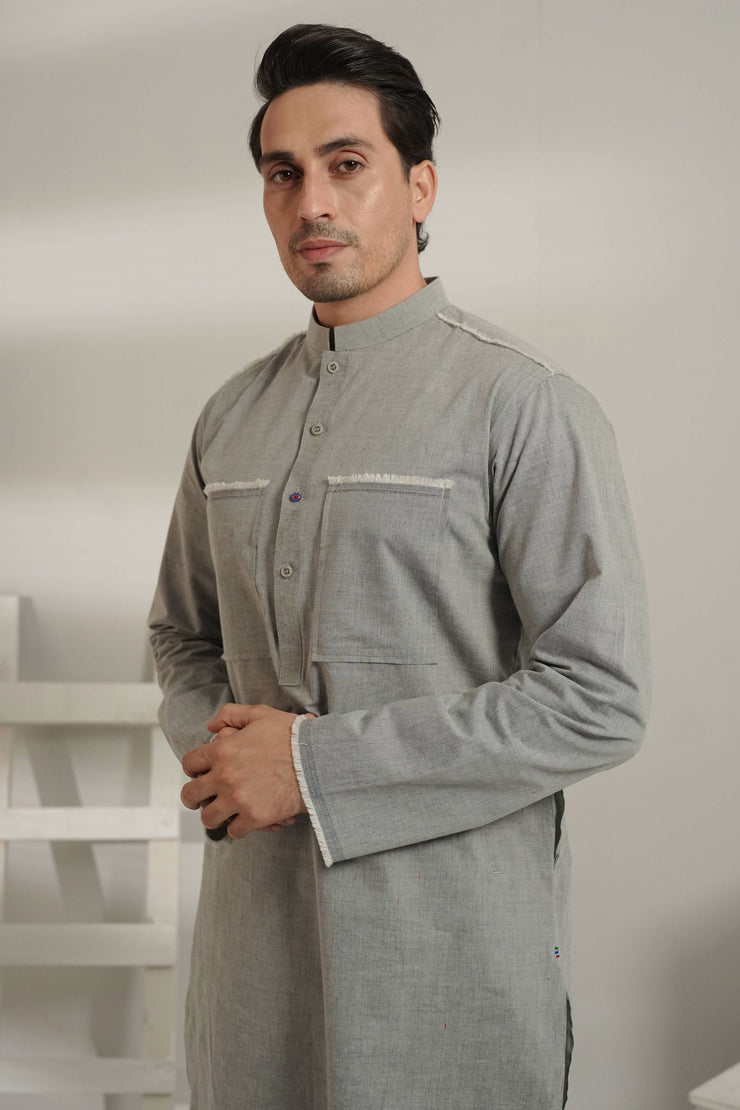 Grey Kurta Pajama with Raw Edge Hem, Sleeves, and Pockets