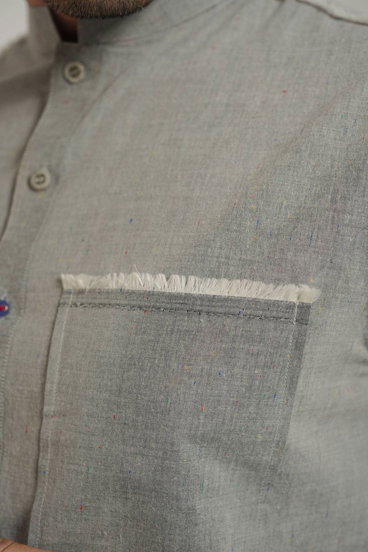 Grey Kurta Pajama with Raw Edge Hem, Sleeves, and Pockets