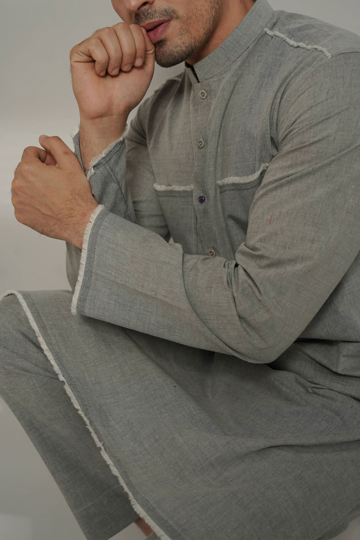 Grey Kurta Pajama with Raw Edge Hem, Sleeves, and Pockets