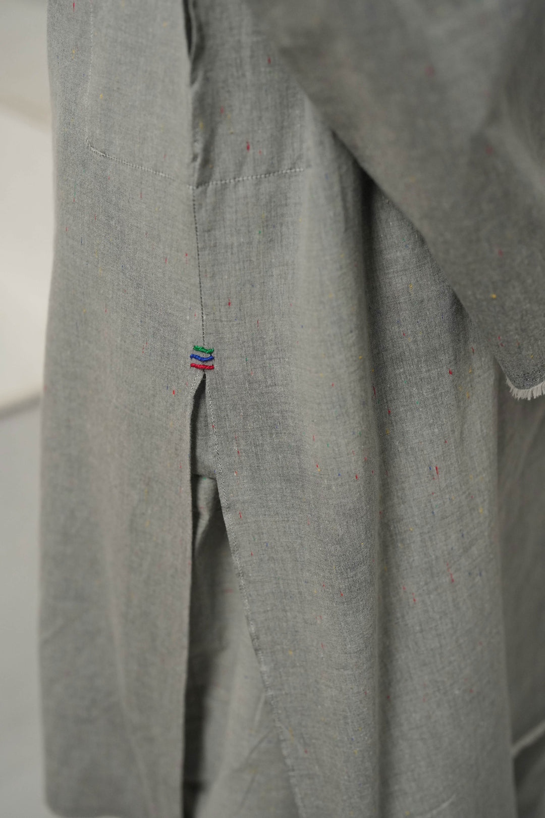 Grey Kurta Pajama with Raw Edge Hem, Sleeves, and Pockets
