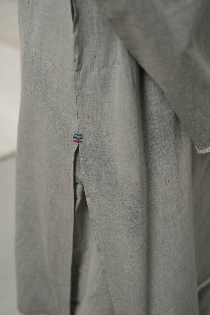 Grey Kurta Pajama with Raw Edge Hem, Sleeves, and Pockets