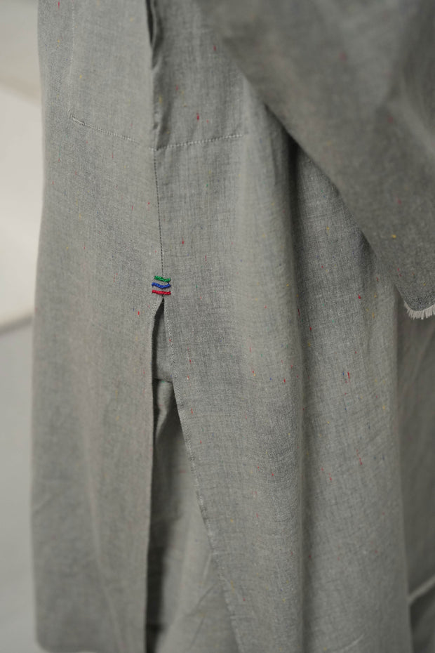 Grey Kurta Pajama with Raw Edge Hem, Sleeves, and Pockets