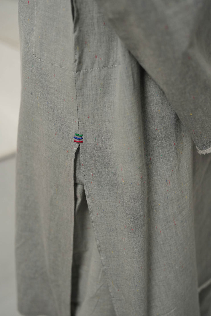 Grey Kurta Pajama with Raw Edge Hem, Sleeves, and Pockets