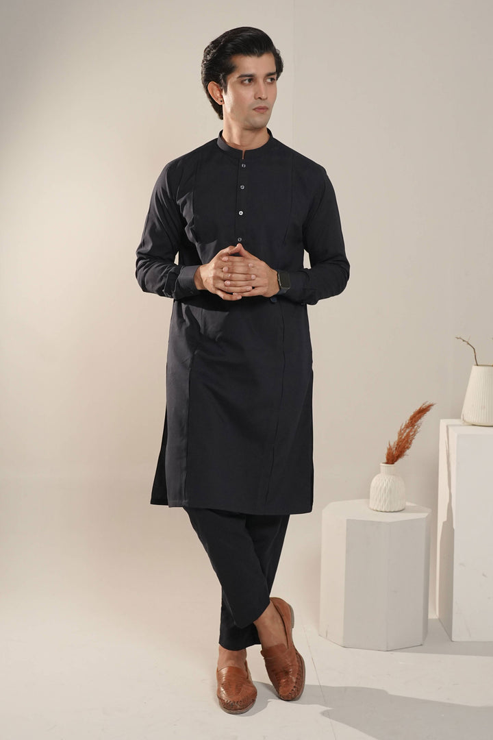 Navy Blue Box Pleated Kurta with Trouser
