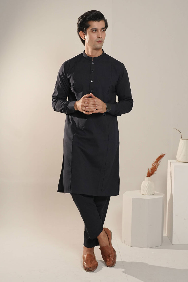 Navy Blue Box Pleated Kurta with Trouser