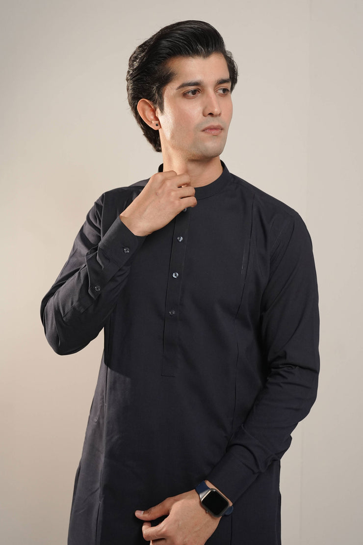Navy Blue Box Pleated Kurta with Trouser