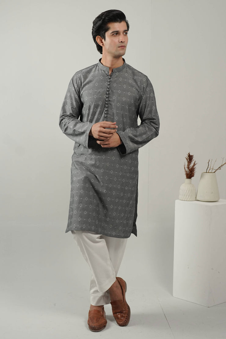 Grey Self Design Kurta Pajama