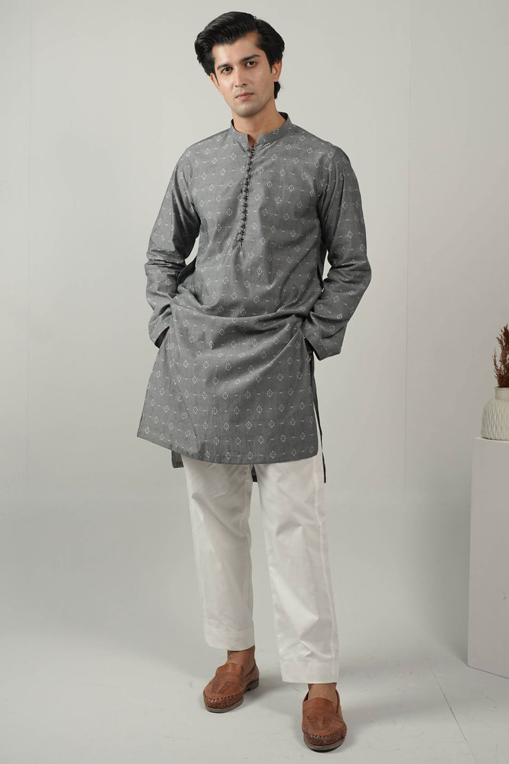 Grey Self Design Kurta Pajama