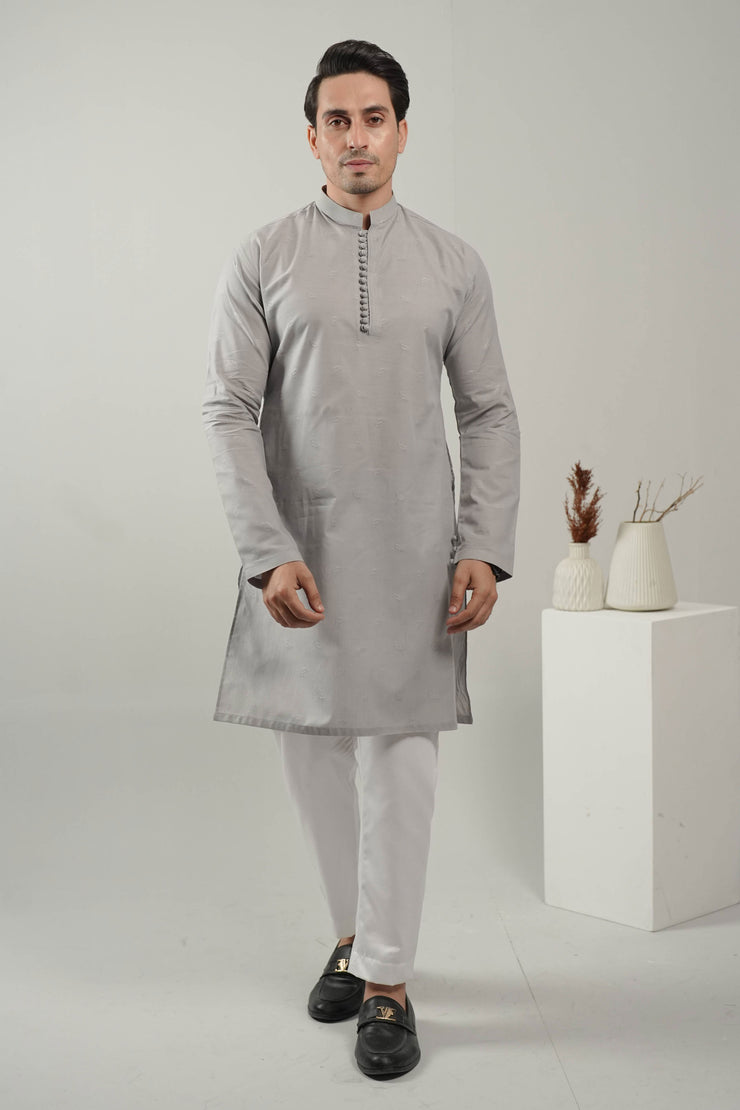 Ash Grey Self Design Kurta Pajama