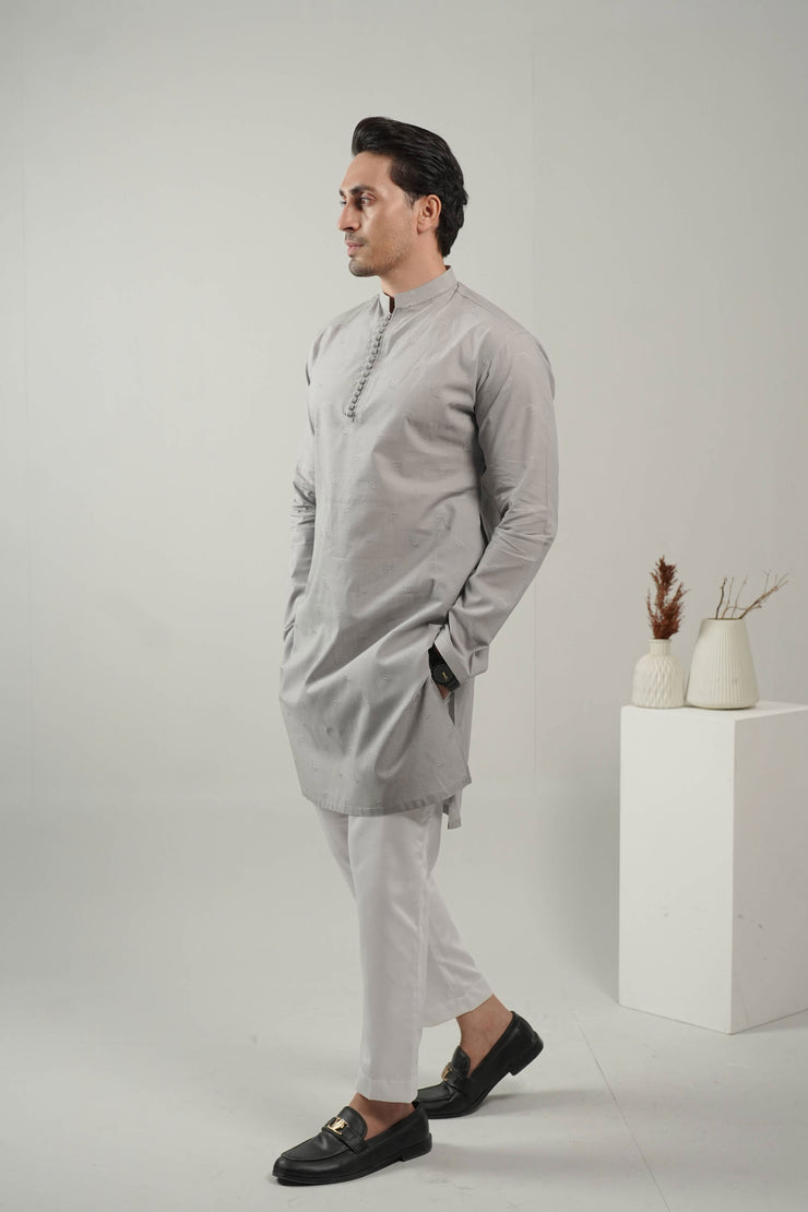 Ash Grey Self Design Kurta Pajama