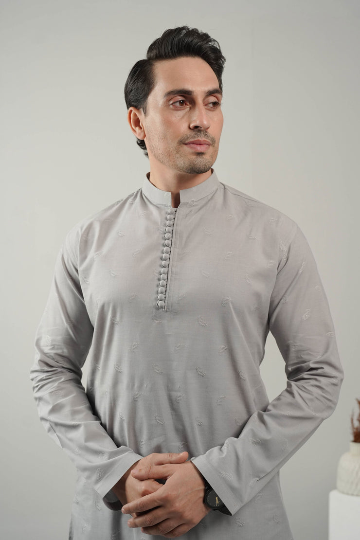 Ash Grey Self Design Kurta Pajama