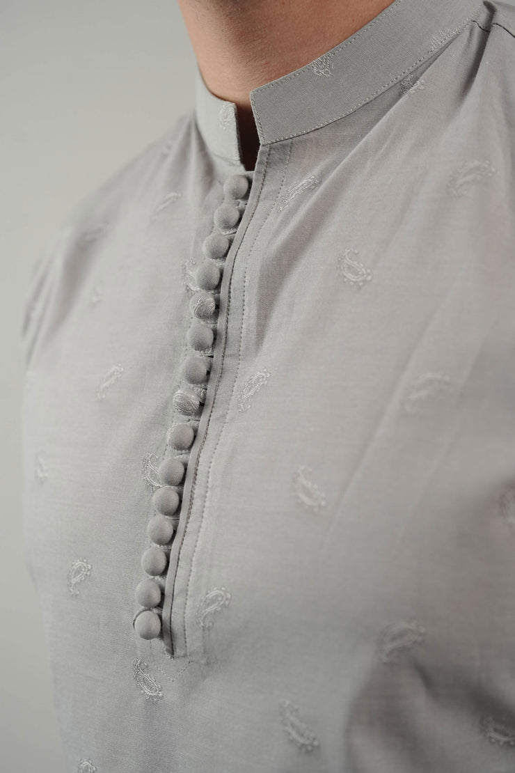 Ash Grey Self Design Kurta Pajama