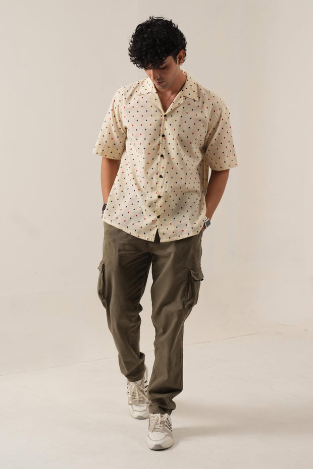 Cream Micro Print Drop Shoulder Shirt