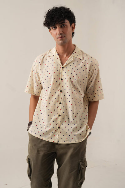 Cream Micro Print Drop Shoulder Shirt