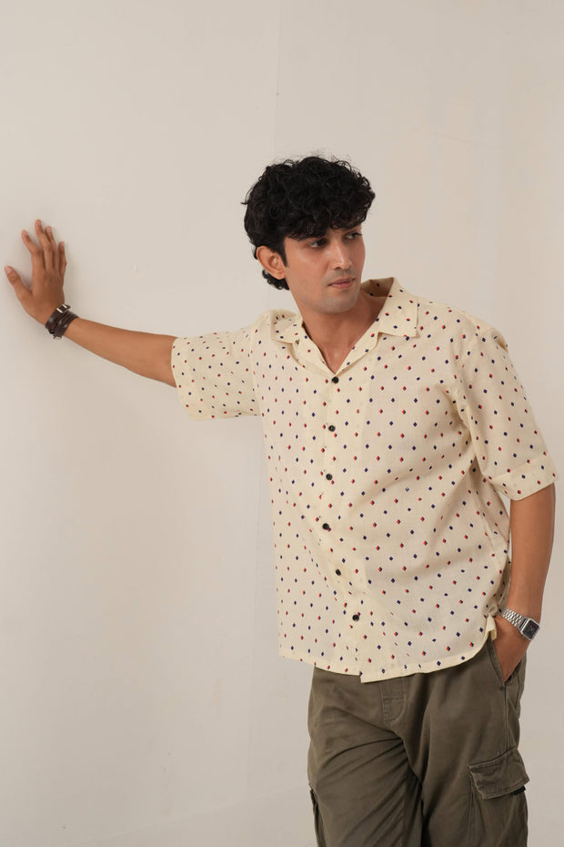 Cream Micro Print Drop Shoulder Shirt