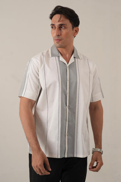 White & Grey Panelled Stripe Shirt
