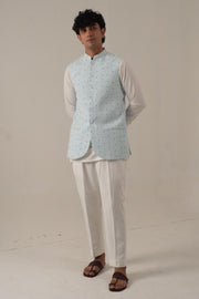 Ice Blue Embroidered Jawahar Coat