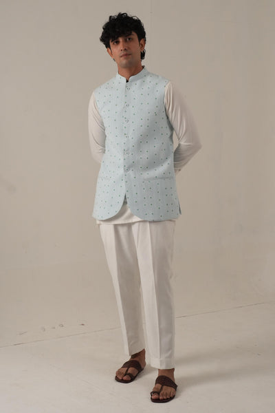 Ice Blue Embroidered Jawahar Coat