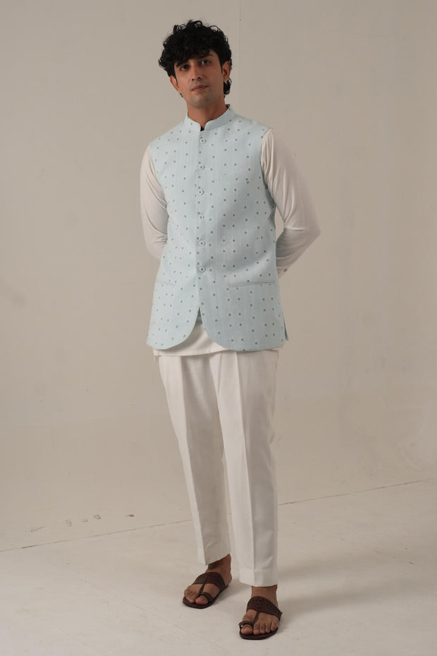 Ice Blue Embroidered Jawahar Coat