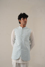 Ice Blue Embroidered Jawahar Coat