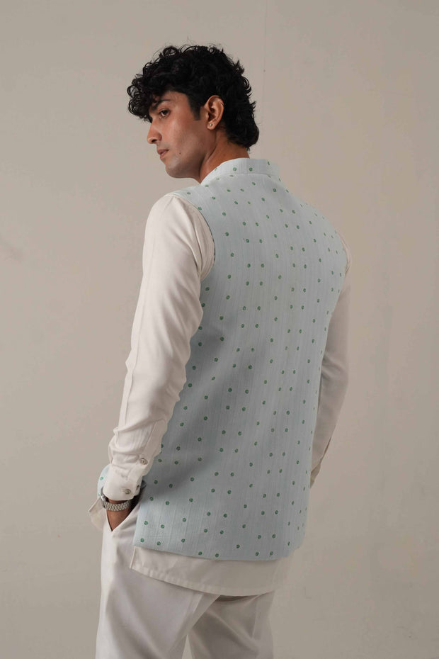 Ice Blue Embroidered Jawahar Coat