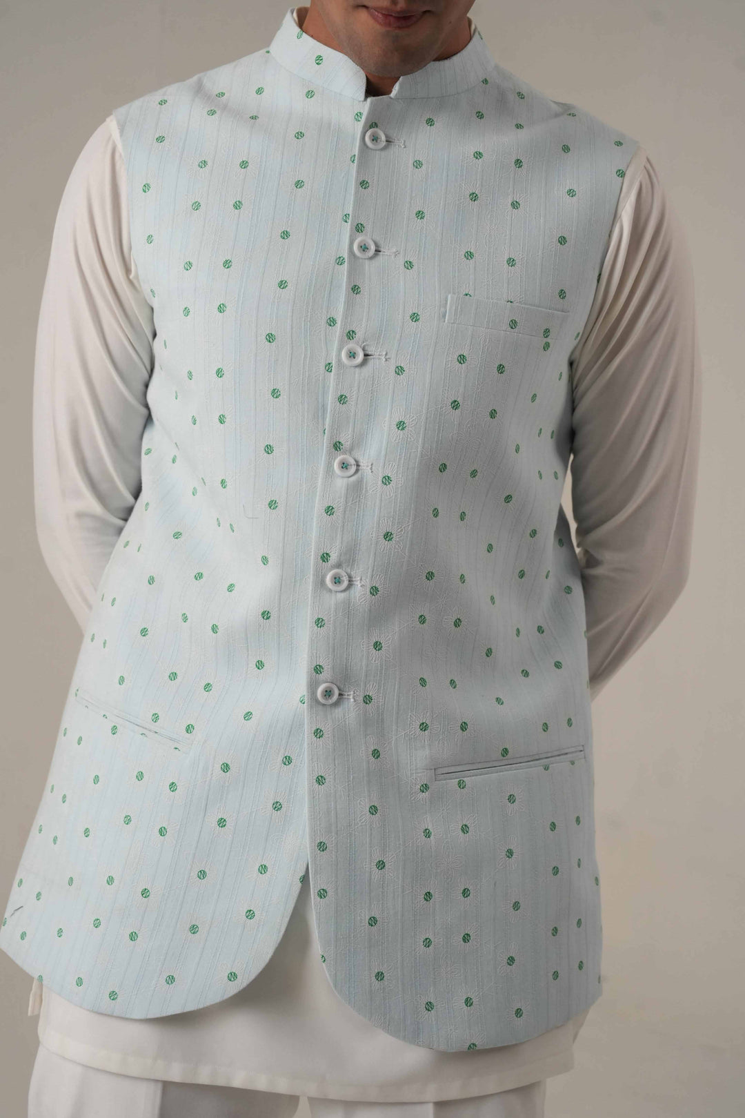 Ice Blue Embroidered Jawahar Coat
