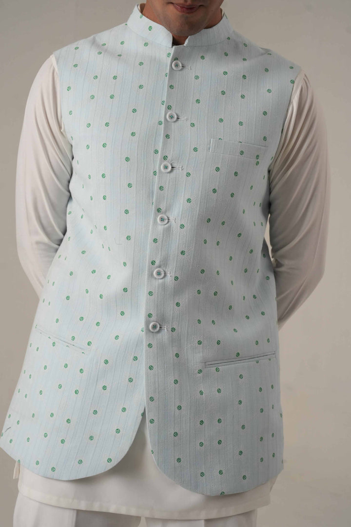 Ice Blue Embroidered Jawahar Coat