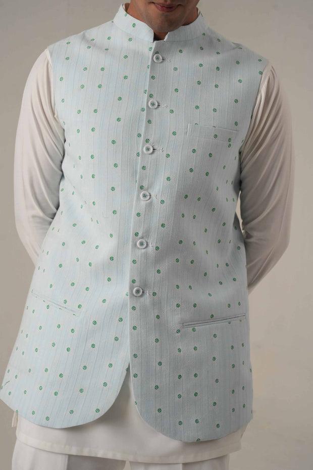 Ice Blue Embroidered Jawahar Coat