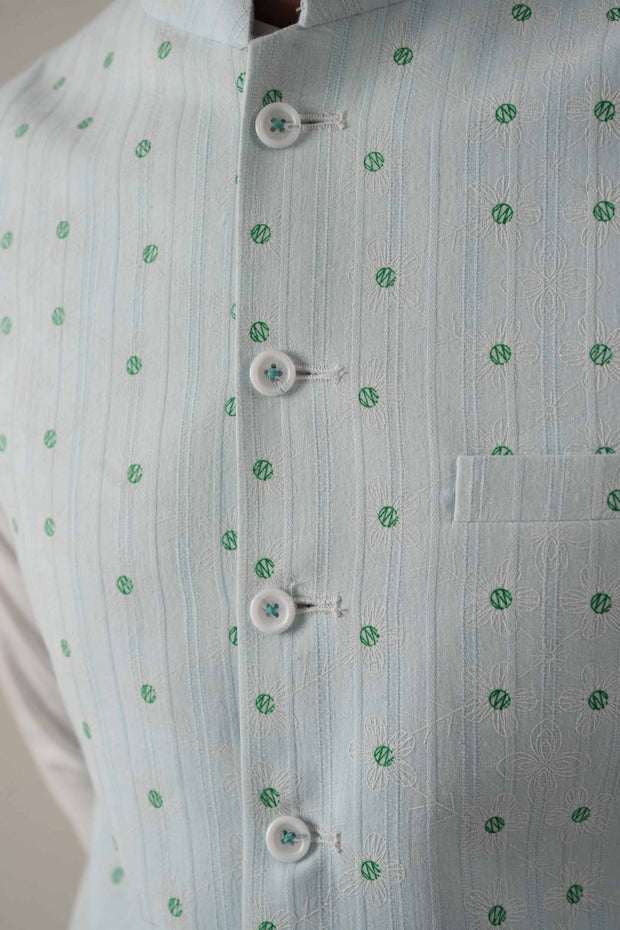 Ice Blue Embroidered Jawahar Coat