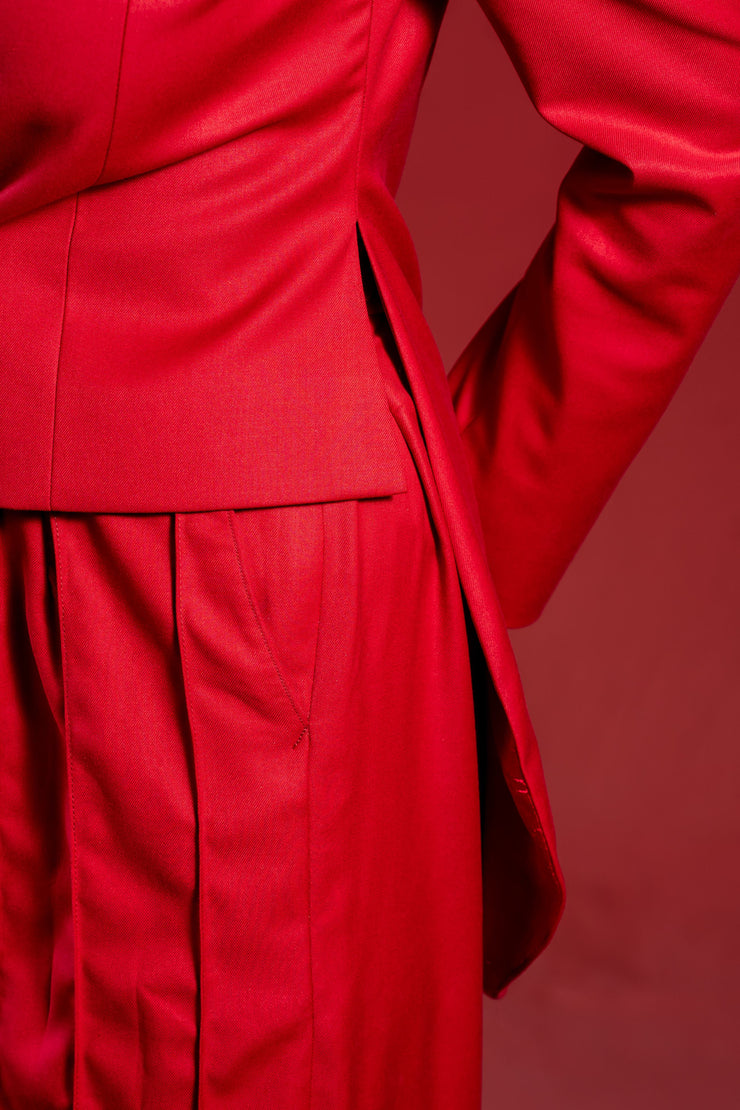 Modern Red 2-Piece Suit for Women: Pleated Pants & Long Tail Crop Blazer.