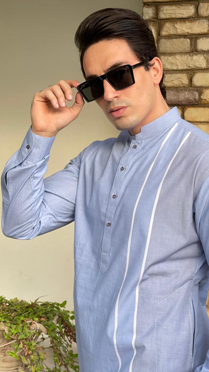 Sky Blue Kurta with Stylish Two Stripes on the Left Side