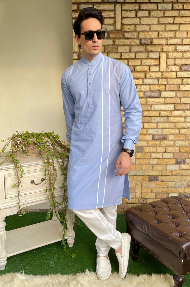 Sky Blue Kurta with Stylish Two Stripes on the Left Side