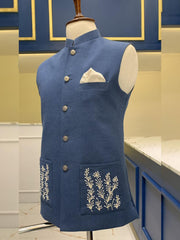 Blue Waistcoat with Hand Embroidered Patch Pocket